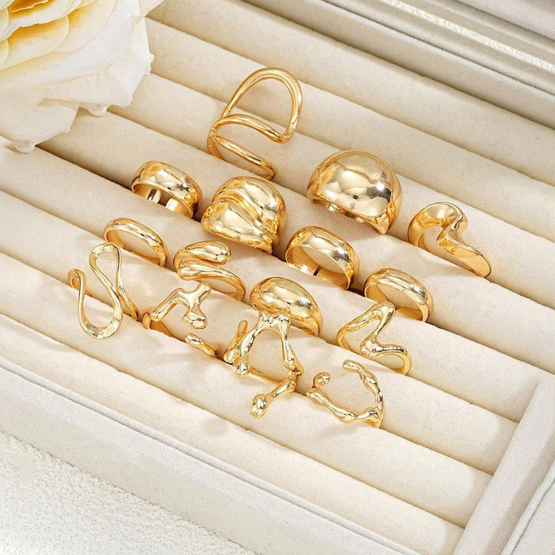 Trending Asymmetrical Gold Plated Set of 15 Stackable Finger Rings