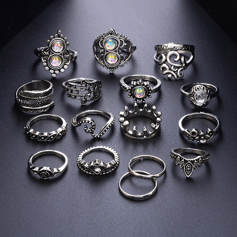 Trendy Floral Crown Multi Designs Silver Rings Set of 15 Mixed Sizes For Women