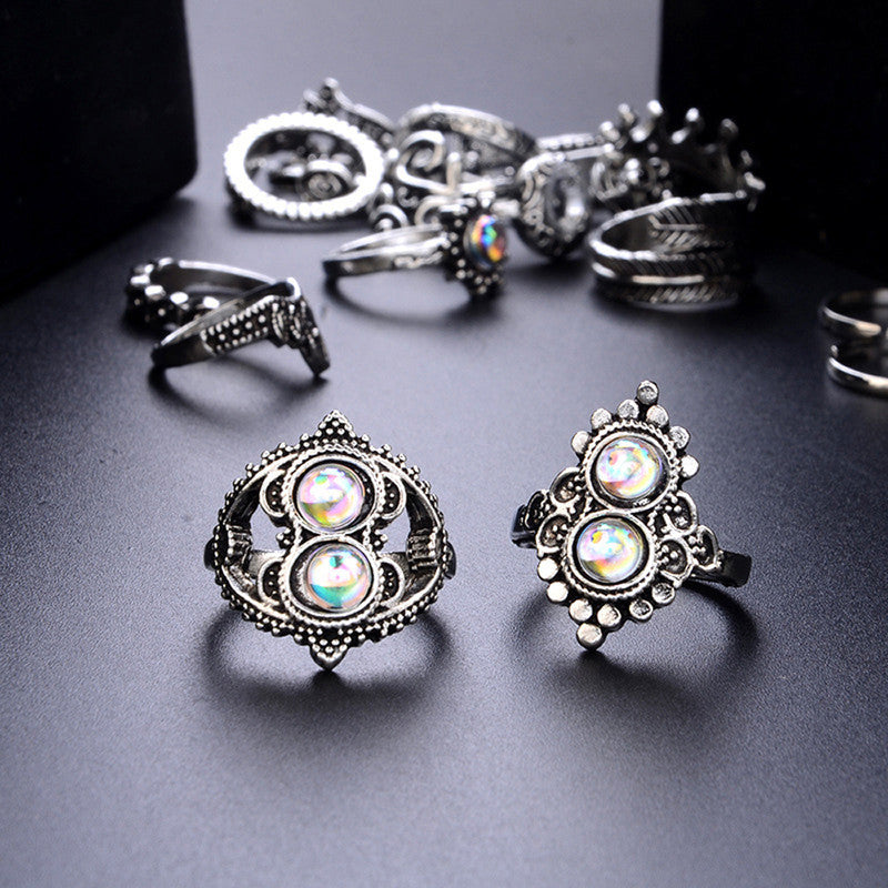 Trendy Floral Crown Multi Designs Silver Rings Set of 15 Mixed Sizes For Women