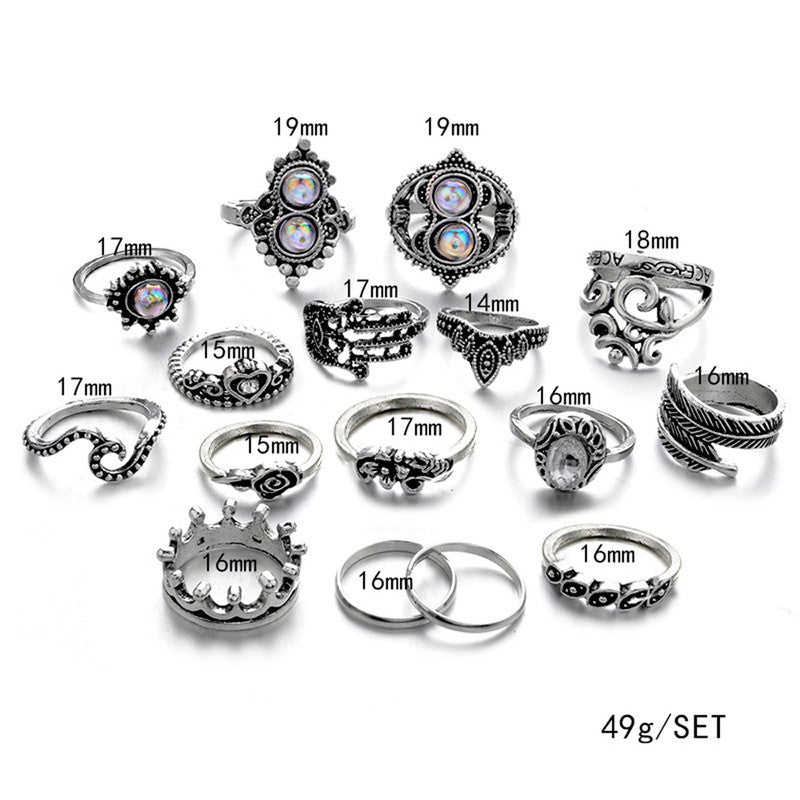 Trendy Floral Crown Multi Designs Silver Rings Set of 15 Mixed Sizes For Women