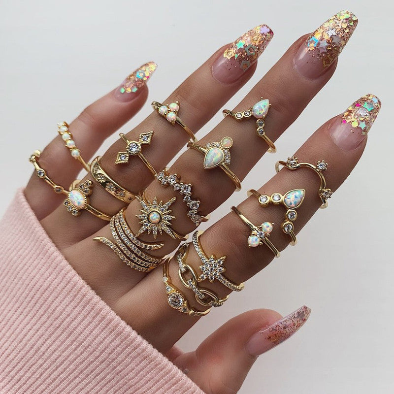 Exclusive Ad Studded Floral Gold Plated Plushy Rings Set of 17 Mixed Sizes For Women - MySmartBazaar