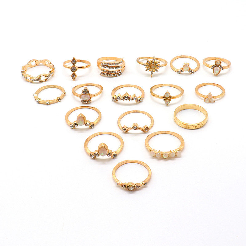 Exclusive Ad Studded Floral Gold Plated Plushy Rings Set of 17 Mixed Sizes For Women