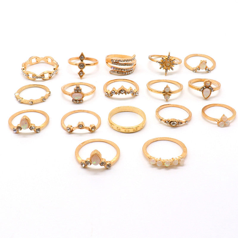 Exclusive Ad Studded Floral Gold Plated Plushy Rings Set of 17 Mixed Sizes For Women