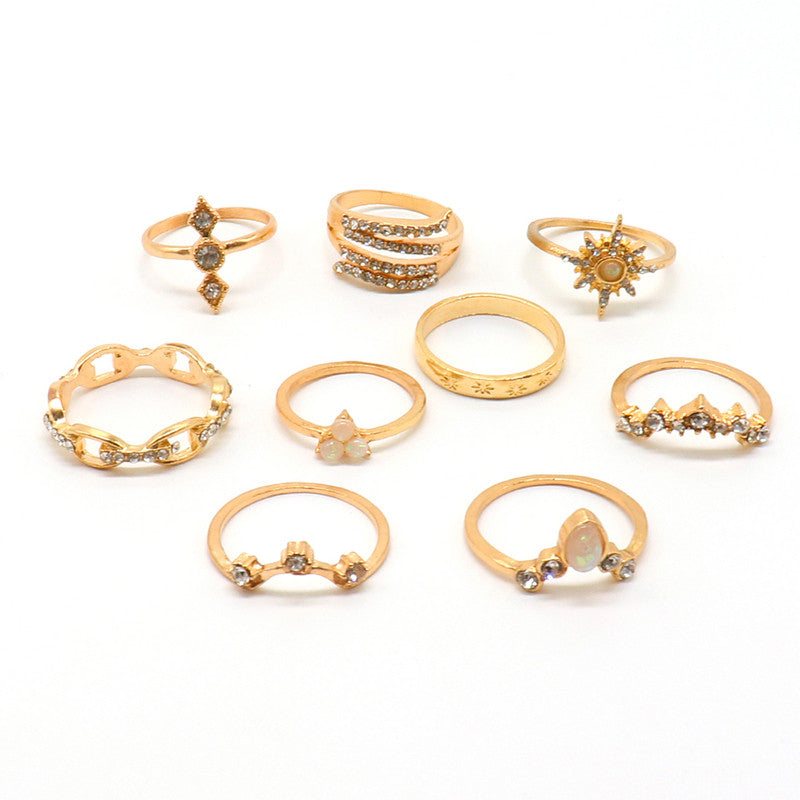 Exclusive Ad Studded Floral Gold Plated Plushy Rings Set of 17 Mixed Sizes For Women