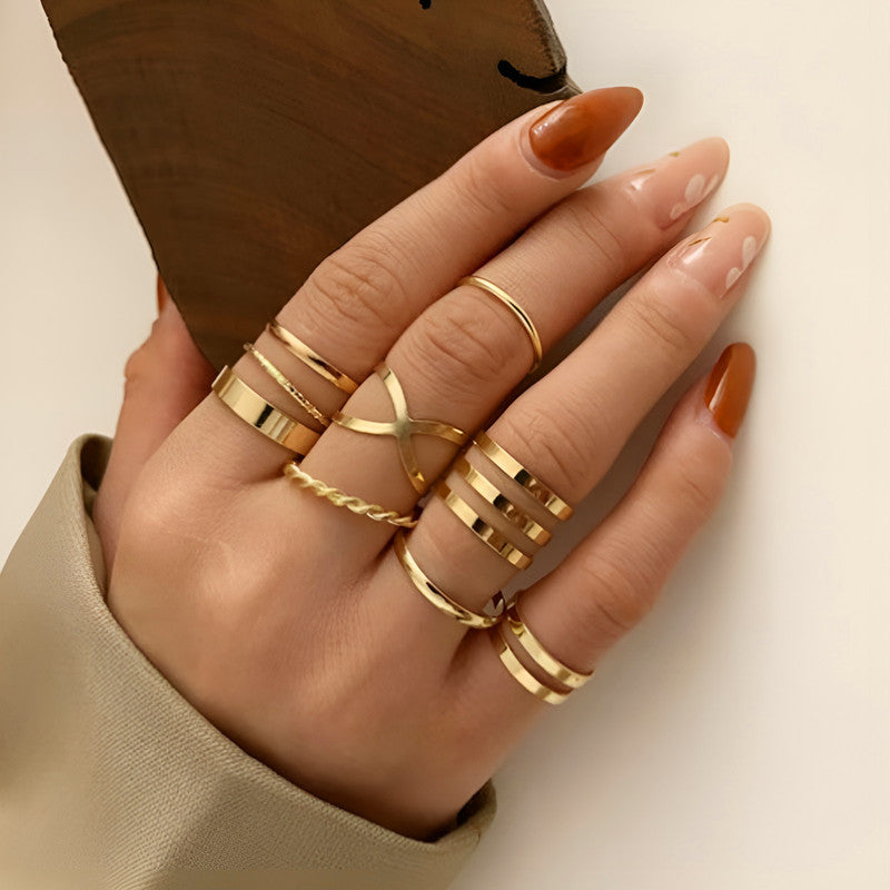 Limited Edition Gold Plated Tantalizing Rings Set of 9 Mixed Sizes For Women