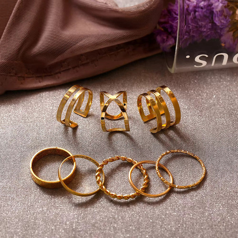 Limited Edition Gold Plated Tantalizing Rings Set of 9 Mixed Sizes For Women