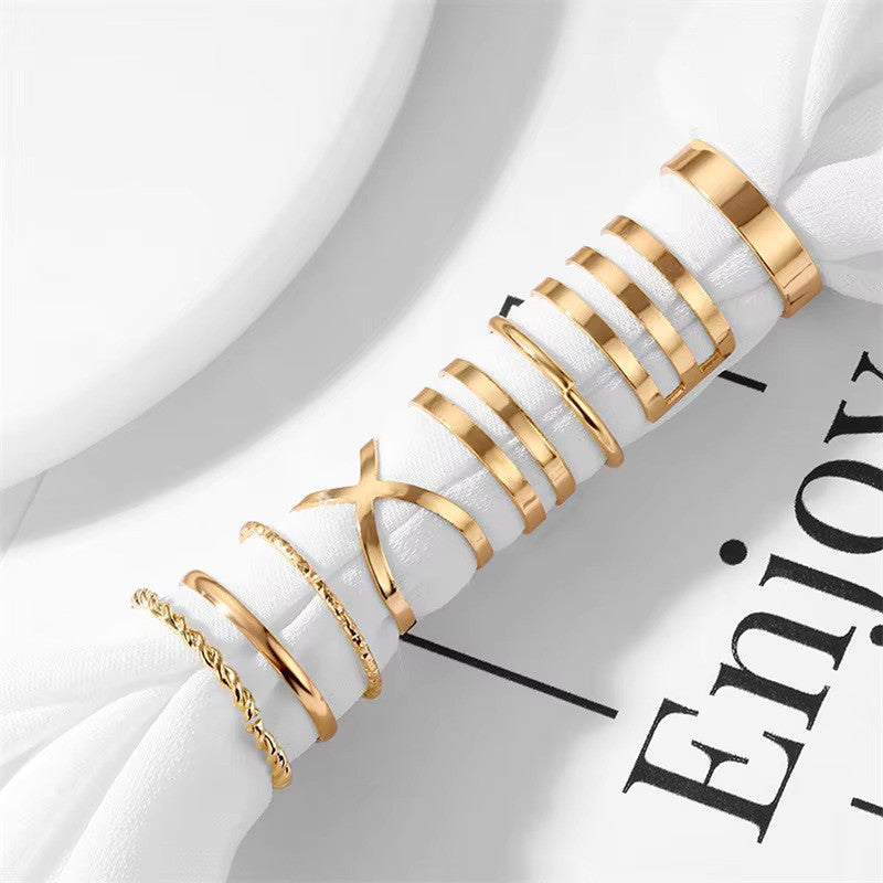 Limited Edition Gold Plated Tantalizing Rings Set of 9 Mixed Sizes For Women