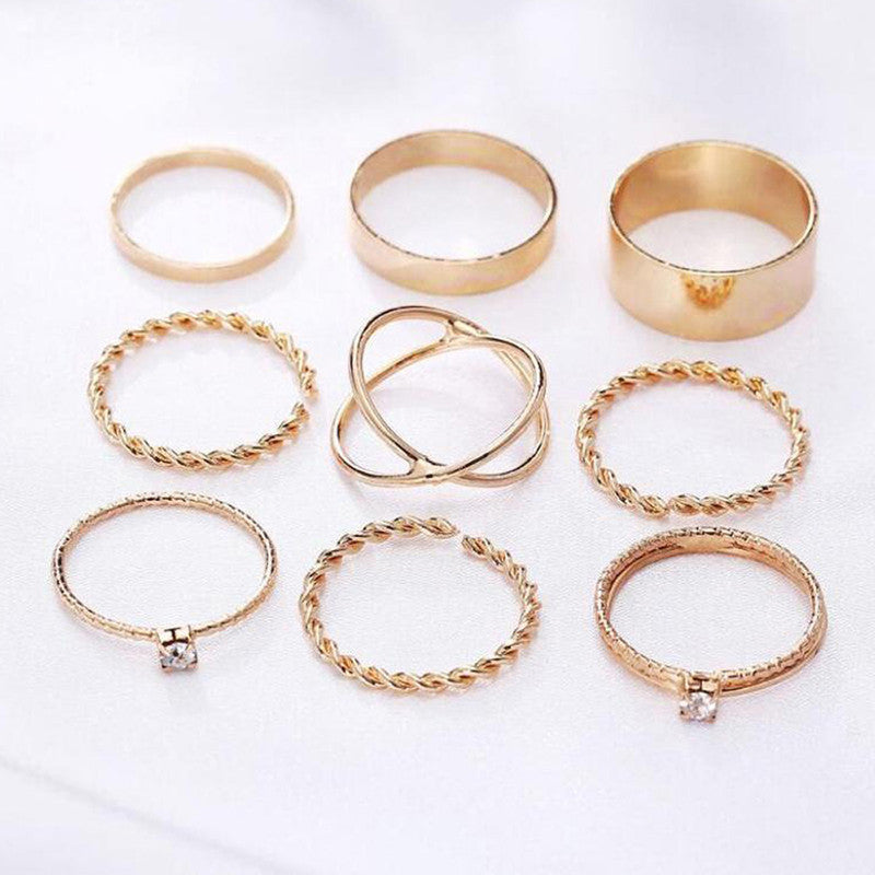 Exclusive Limited Edition Ad Gold Plated Elegant Rings Set of 9 Mixed Sizes For Women