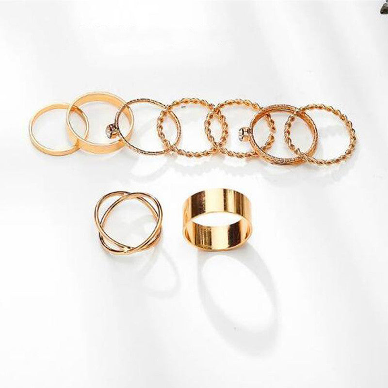 Exclusive Limited Edition Ad Gold Plated Elegant Rings Set of 9 Mixed Sizes For Women