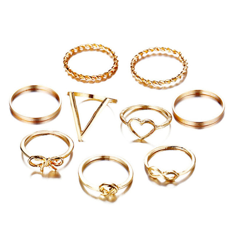 Splendid Heart Note Multi Designs Gold Plated Rings Set of 9 Mixed Sizes For Women