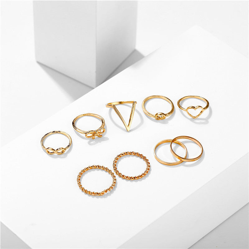 Splendid Heart Note Multi Designs Gold Plated Rings Set of 9 Mixed Sizes For Women