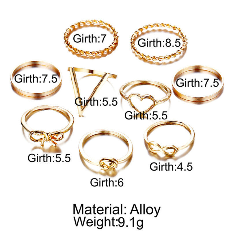 Splendid Heart Note Multi Designs Gold Plated Rings Set of 9 Mixed Sizes For Women