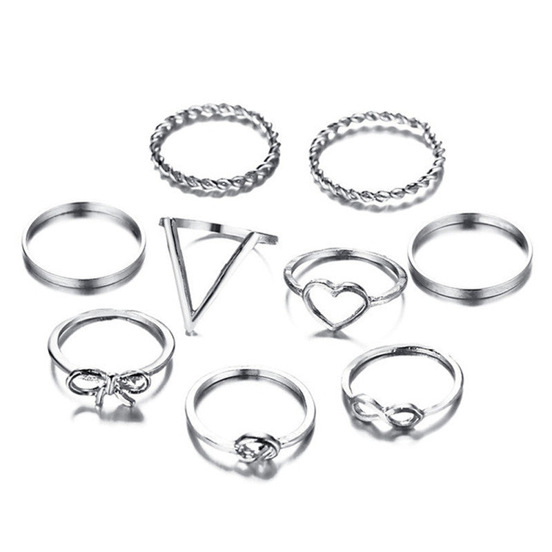 Delicate Heart Note Multi Designs Gold Plated Rings Set of 9 Mixed Sizes For Women