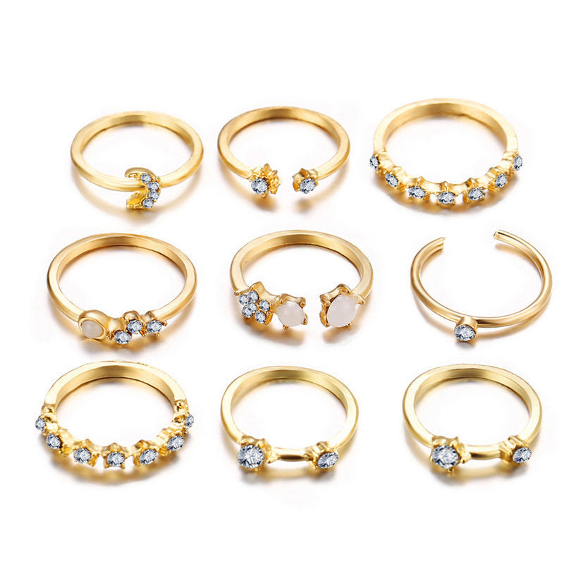 Gold Plated Stackable Moon-Star Rings Set of 9 For Women