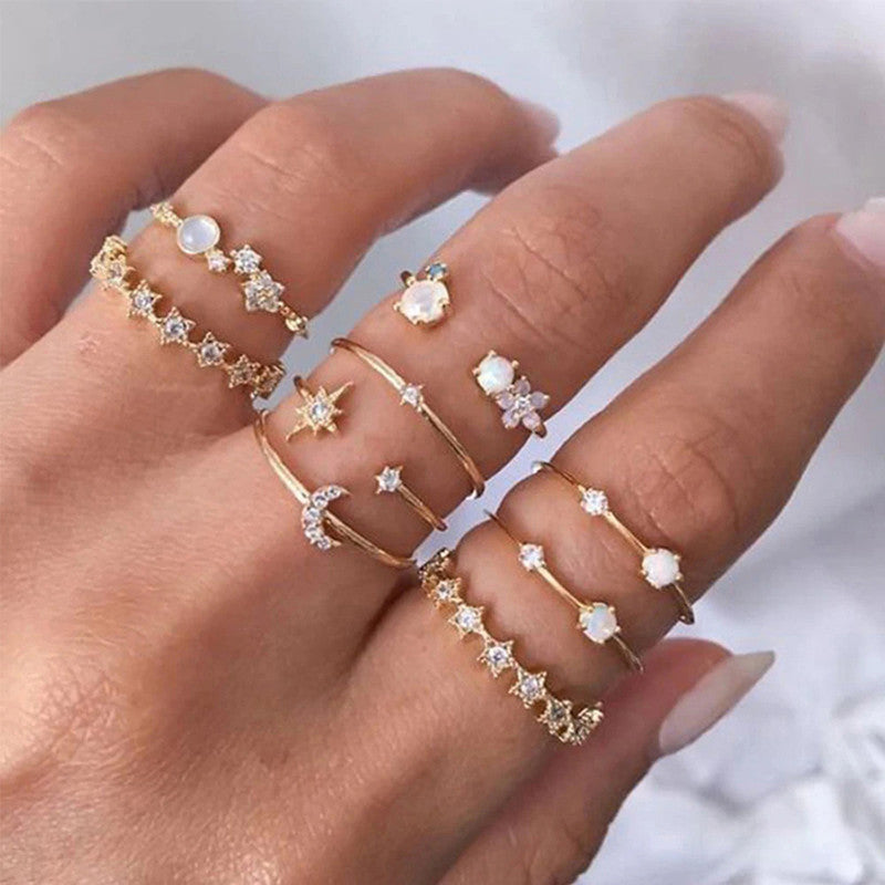 Gold Plated Stackable Moon-Star Rings Set of 9 For Women