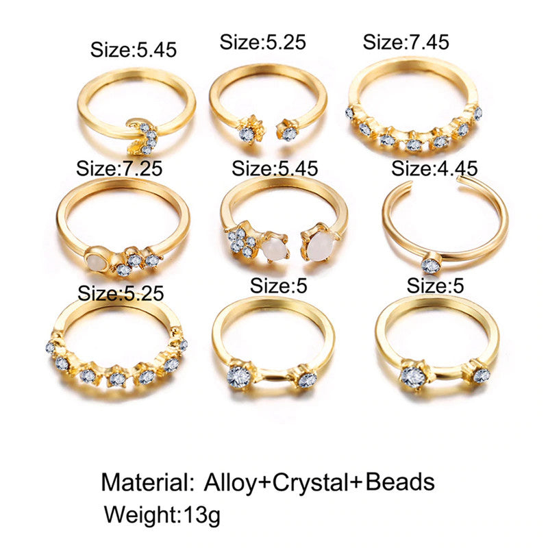 Gold Plated Stackable Moon-Star Rings Set of 9 For Women