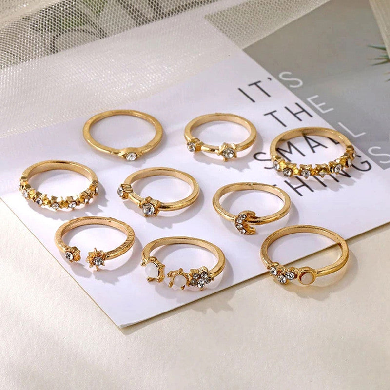 Gold Plated Stackable Moon-Star Rings Set of 9 For Women