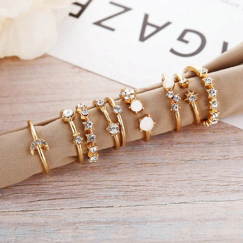 Gold Plated Stackable Moon-Star Rings Set of 9 For Women