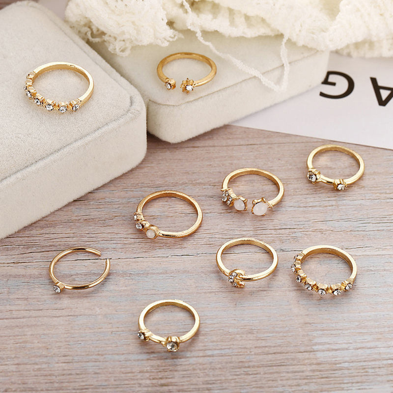 Gold Plated Stackable Moon-Star Rings Set of 9 For Women