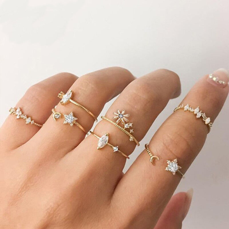 Gold Plated Stackable Moon-Star Rings Set of 7 For Women - MySmartBazaar