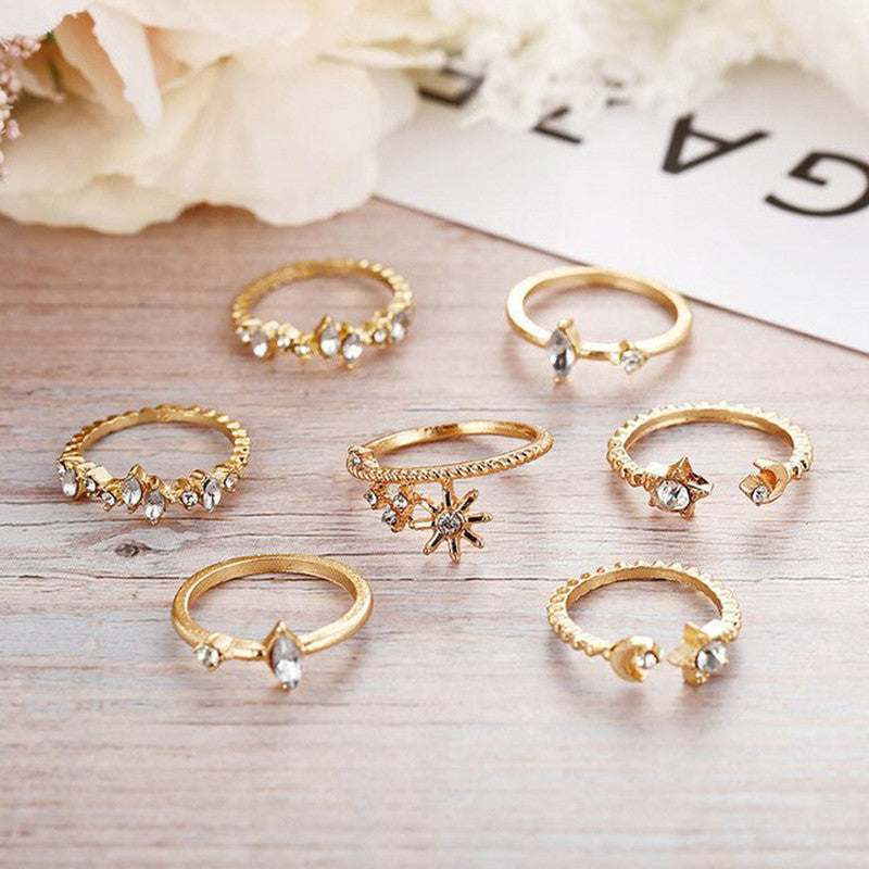 Gold Plated Stackable Moon-Star Rings Set of 7 For Women