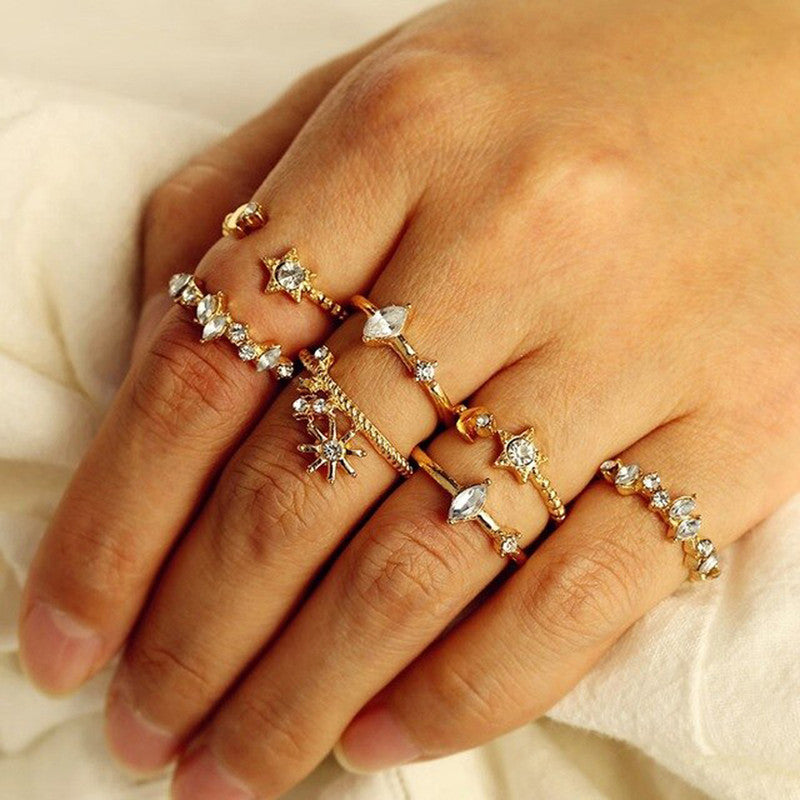 Gold Plated Stackable Moon-Star Rings Set of 7 For Women