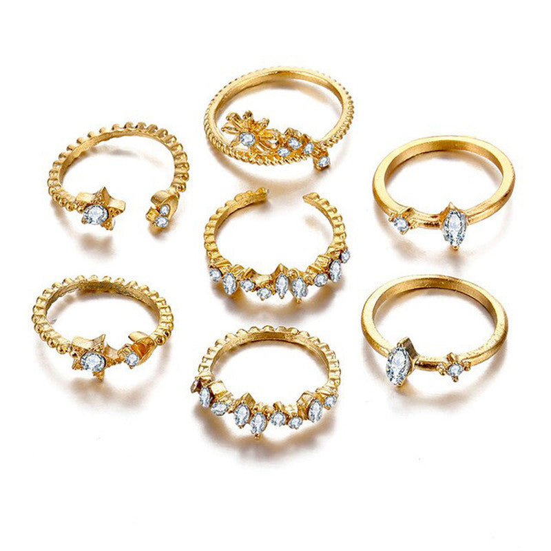 Gold Plated Stackable Moon-Star Rings Set of 7 For Women