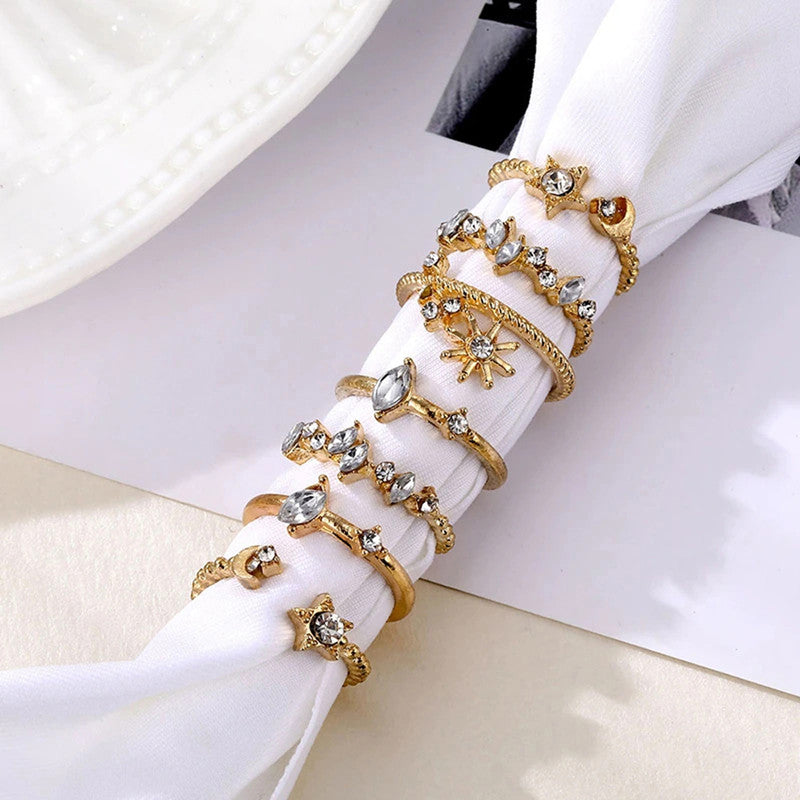 Gold Plated Stackable Moon-Star Rings Set of 7 For Women