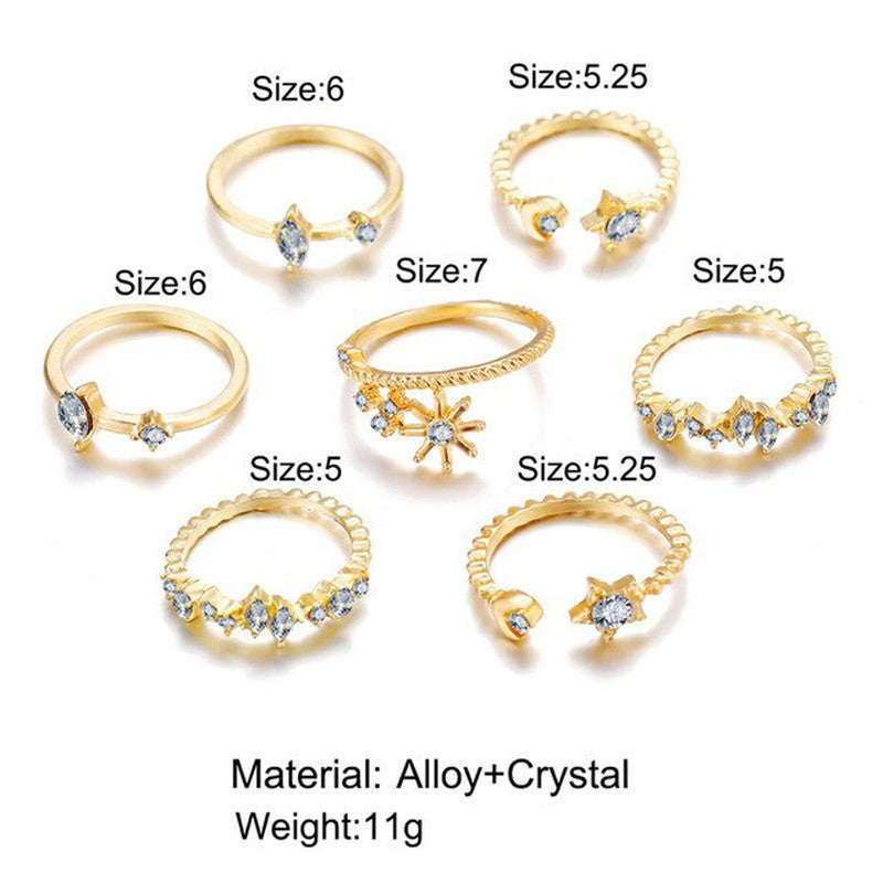 Gold Plated Stackable Moon-Star Rings Set of 7 For Women