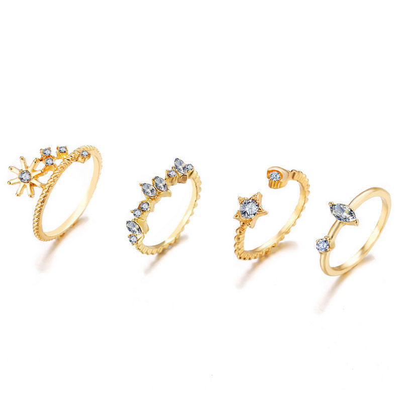 Gold Plated Stackable Moon-Star Rings Set of 7 For Women