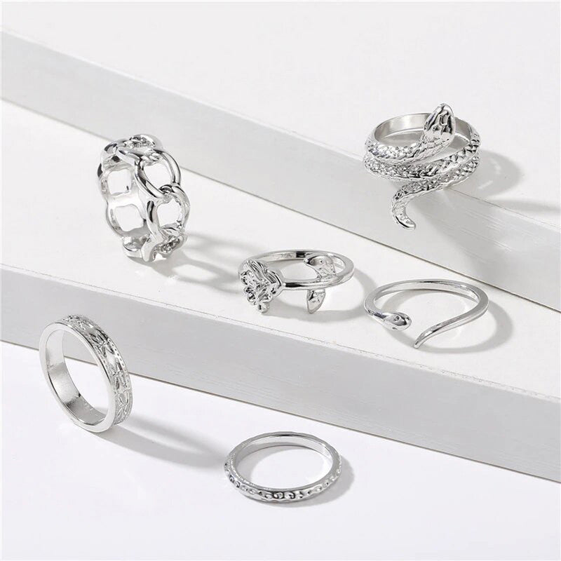 Silver Plated Snake inspired Contemporary Chain Rings Set of 6 For Women