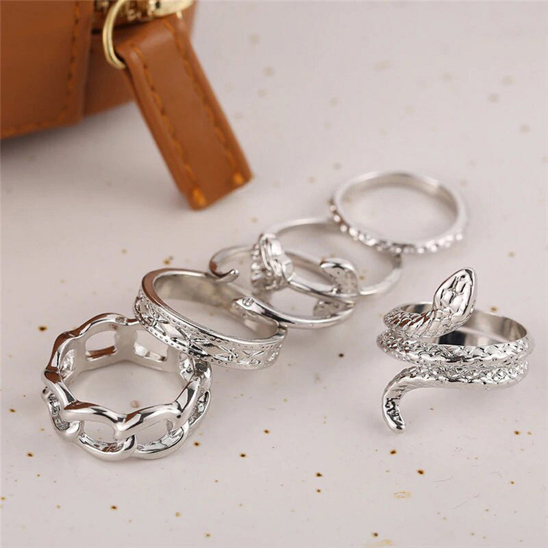 Silver Plated Snake inspired Contemporary Chain Rings Set of 6 For Women