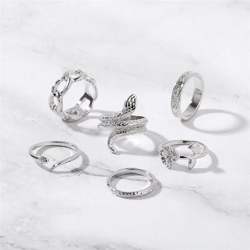 Silver Plated Snake inspired Contemporary Chain Rings Set of 6 For Women