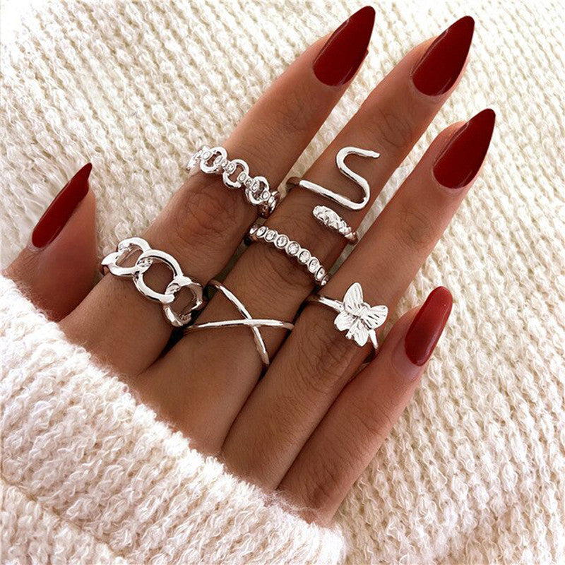 Silver Plated Snake inspired Contemporary Chain Rings Set of 6 For Women