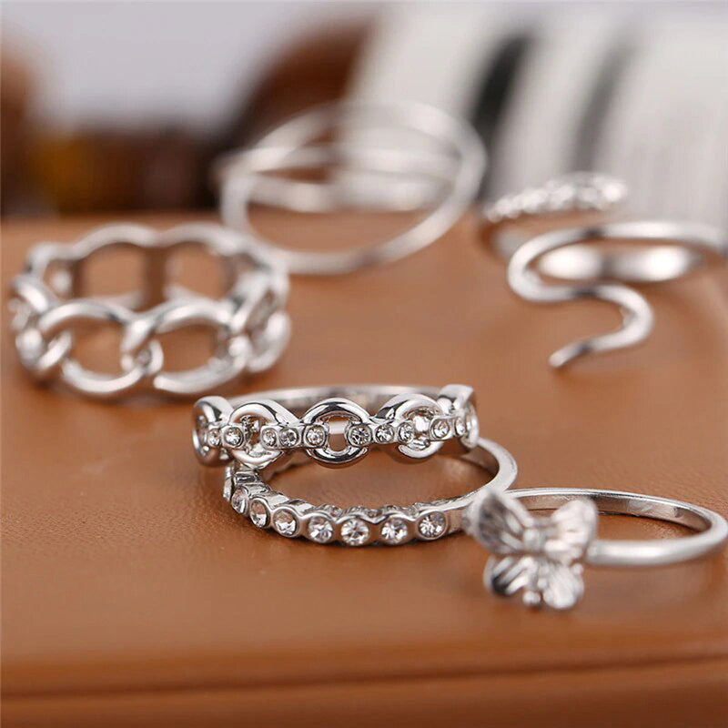 Silver Plated Snake inspired Contemporary Chain Rings Set of 6 For Women