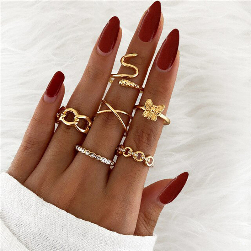 Gold Plated Snake inspired Contemporary Chain Rings Set of 6 For Women