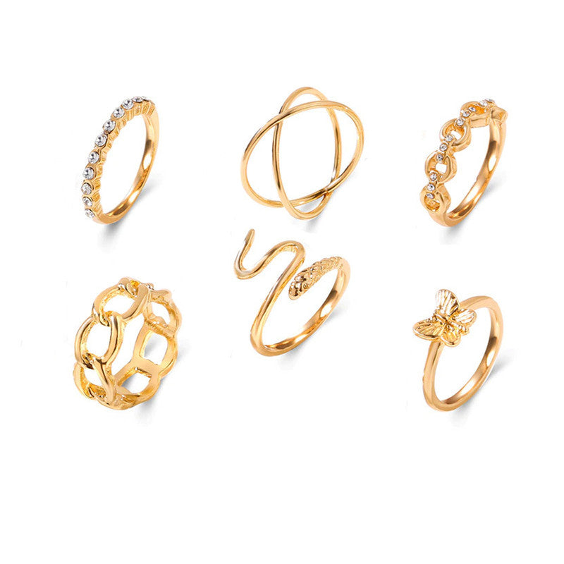 Gold Plated Snake inspired Contemporary Chain Rings Set of 6 For Women