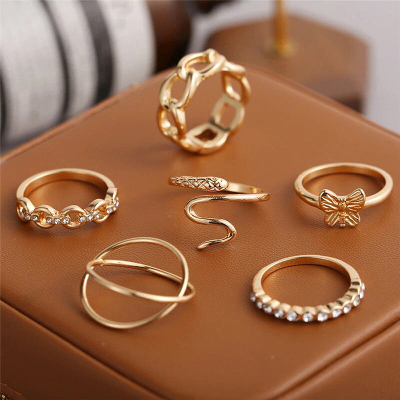 Gold Plated Snake inspired Contemporary Chain Rings Set of 6 For Women