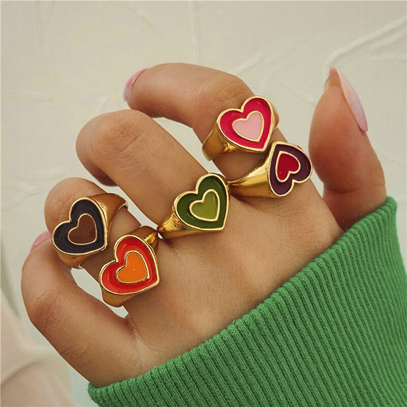 Gold Plated Multicolour Heart Shaped Rings Combo Set of 5 For Women - MySmartBazaar