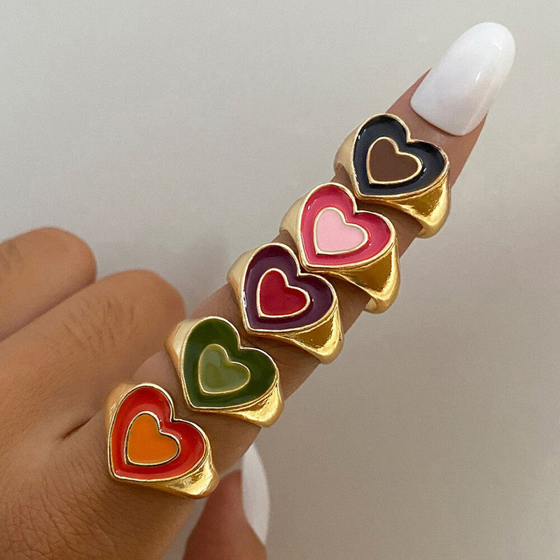 Gold Plated Multicolour Heart Shaped Rings Combo Set of 5 For Women