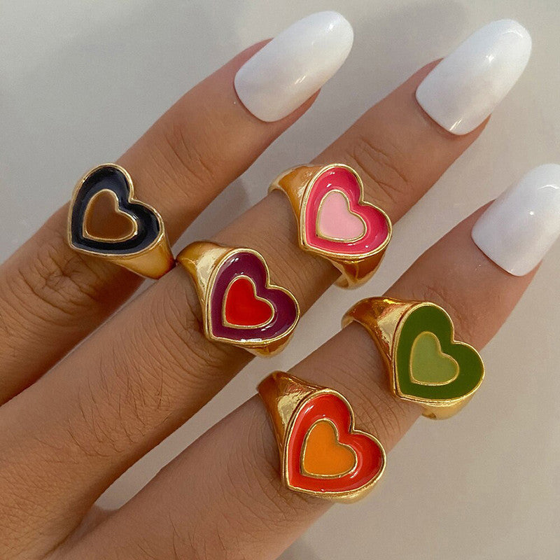 Gold Plated Multicolour Heart Shaped Rings Combo Set of 5 For Women - MySmartBazaar