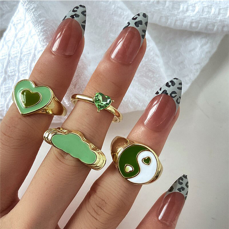 Gold Plated Green Rings Set of 4 For Women