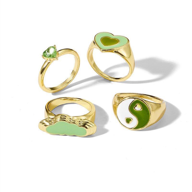 Gold Plated Green Rings Set of 4 For Women