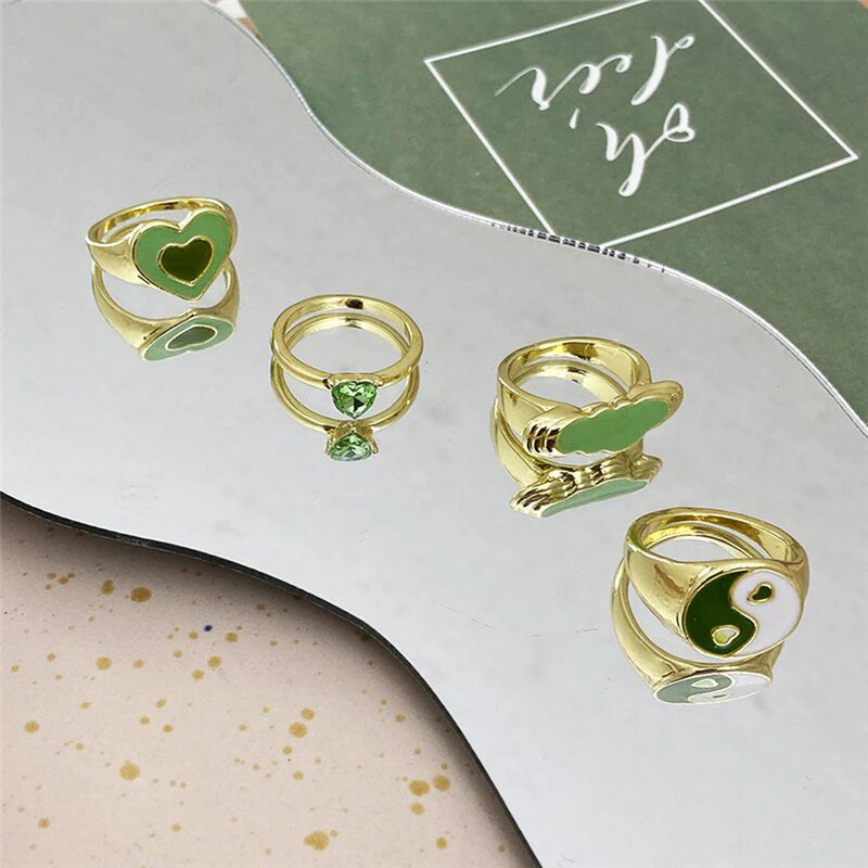 Gold Plated Green Rings Set of 4 For Women