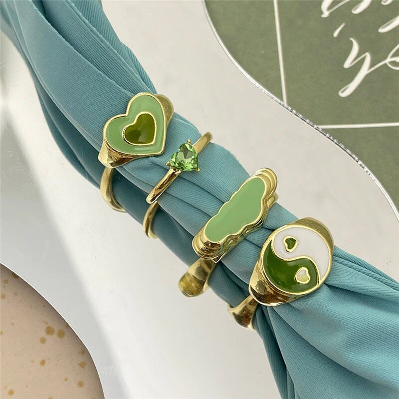 Gold Plated Green Rings Set of 4 For Women