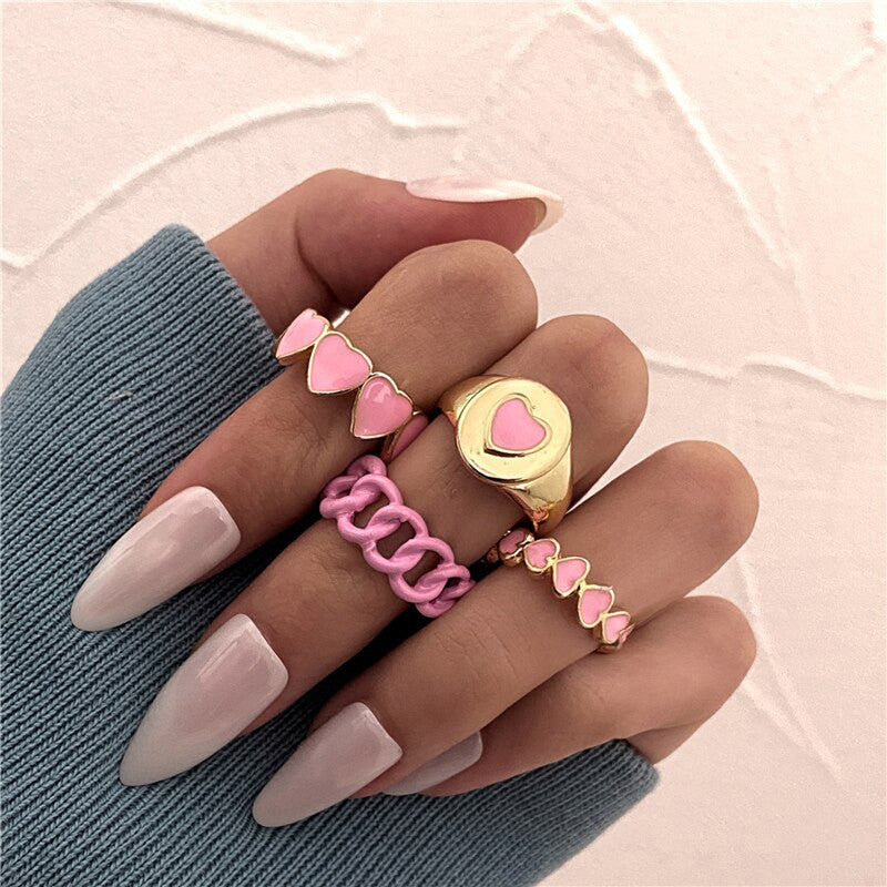 Gold Plated Pink Rings Set of 4 For Women