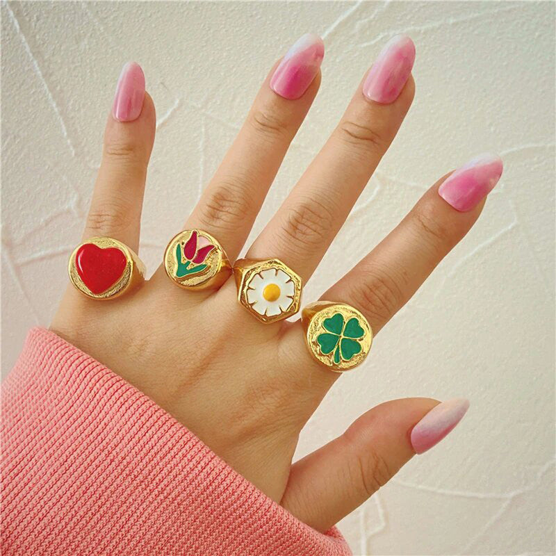 Gold Plated Multicolour Rings Set of 4 For Women