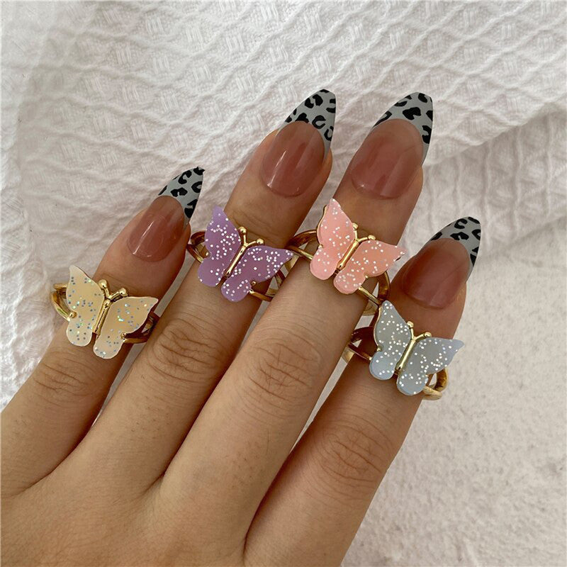 Gold Plated Multicolour Butterfly Shaped Rings Set of 4 For Women