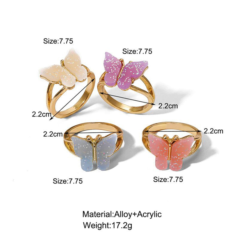 Gold Plated Multicolour Butterfly Shaped Rings Set of 4 For Women