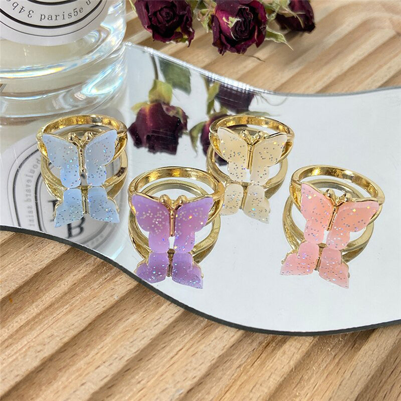 Gold Plated Multicolour Butterfly Shaped Rings Set of 4 For Women